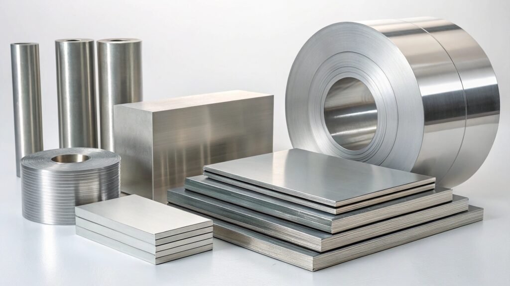 A montage of aluminum applications: an airplane wing, a car chassis, and a building facade.